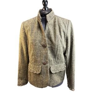 VTG  Harve Bernard Sz 10 Olive Brown Tweed Wool blend blazer with Ruffle details